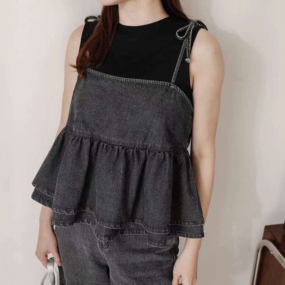 2026 새로운 계층의 감각 강 강 Pleat 데님 짧은 조끼 슬립