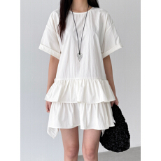 批发韩版清新简约淑女气荷叶边短袖连衣裙