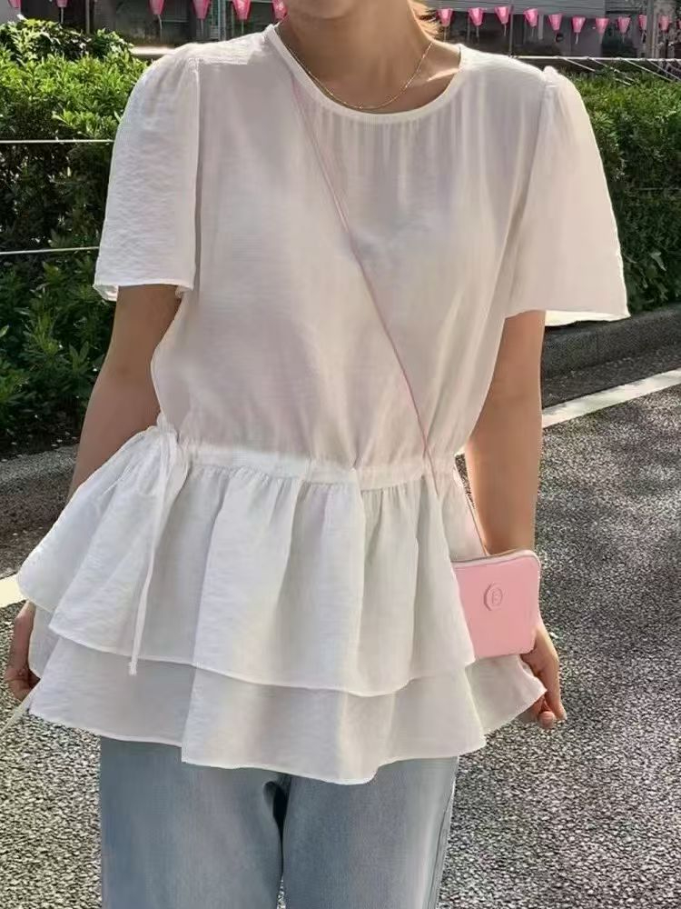 chic 한국 스타일 라운드 넥 이중층 프릴 펌프 로프 반팔 셔츠