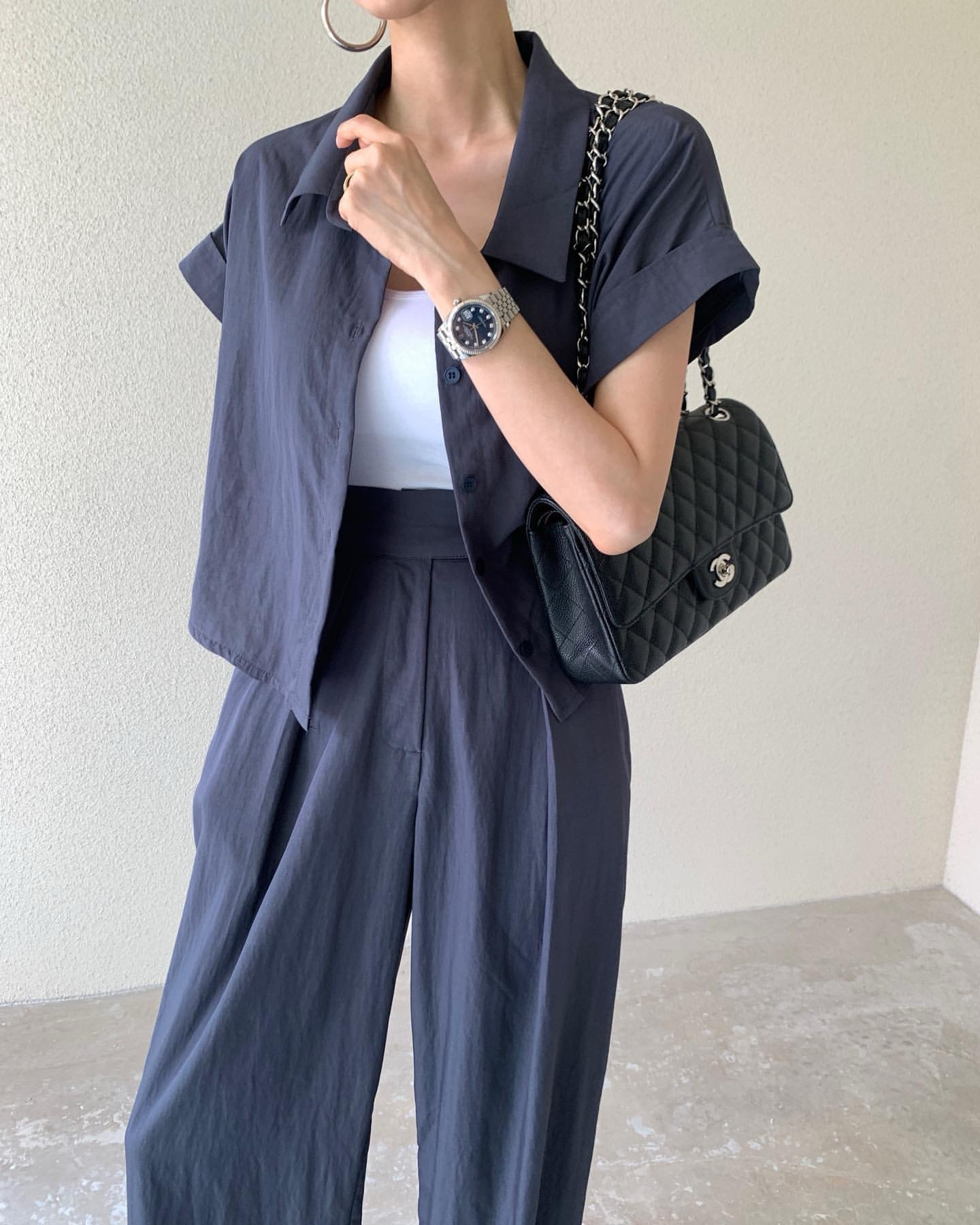 2026 한국 폴로 칼라 반팔 루즈핏 셔츠 밴딩 하이웨이스트 스트레이트 팬츠 긴 바지 패션 세트