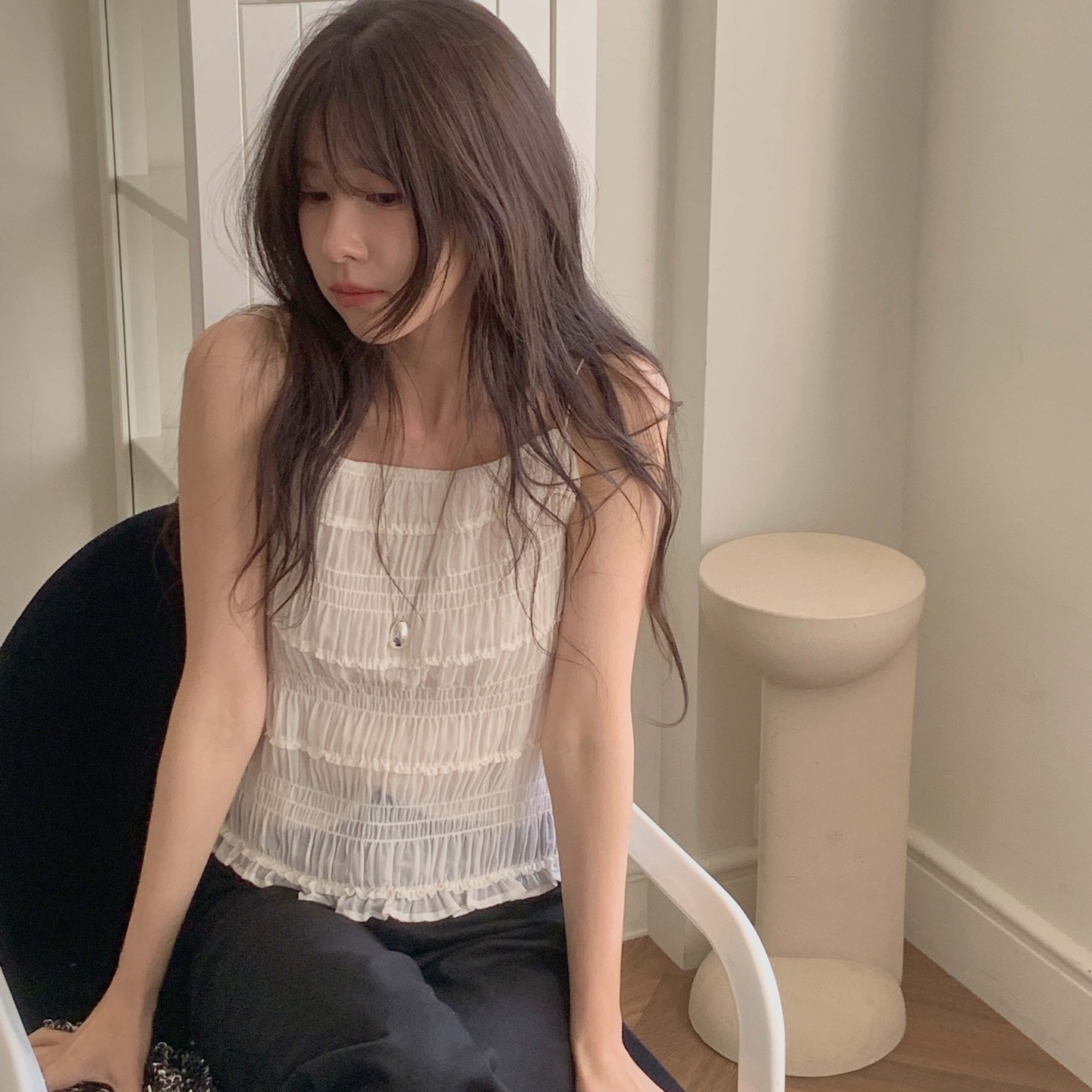 한국 동대문 품격 부드러운 Pleat 측면 청 ~을 통해 센스 질감 주름 다용도 슬림해 보이는 캐미솔