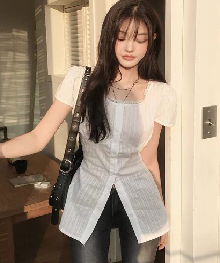 한국 chic 품격 미니멀리즘 광장 칼라 레이스업 허리 수축 셔츠