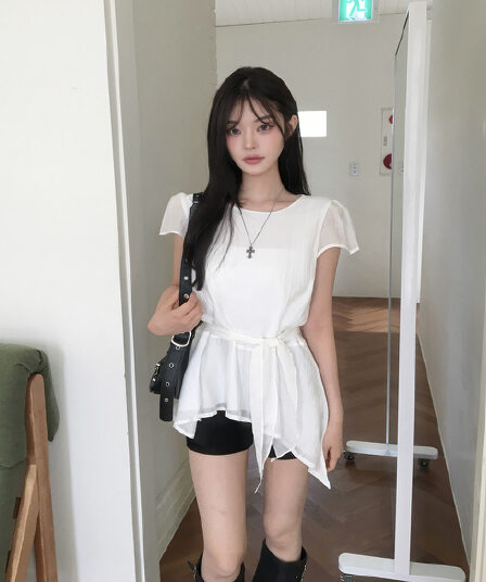 한국 chic 한국 스타일 불규칙 반팔 라운드 넥 셔츠