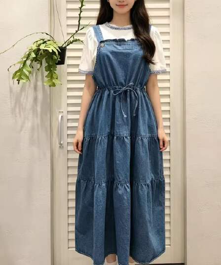 한국 26 여름 레이스업 허리 다용도 캐주얼 멜빵 드레스