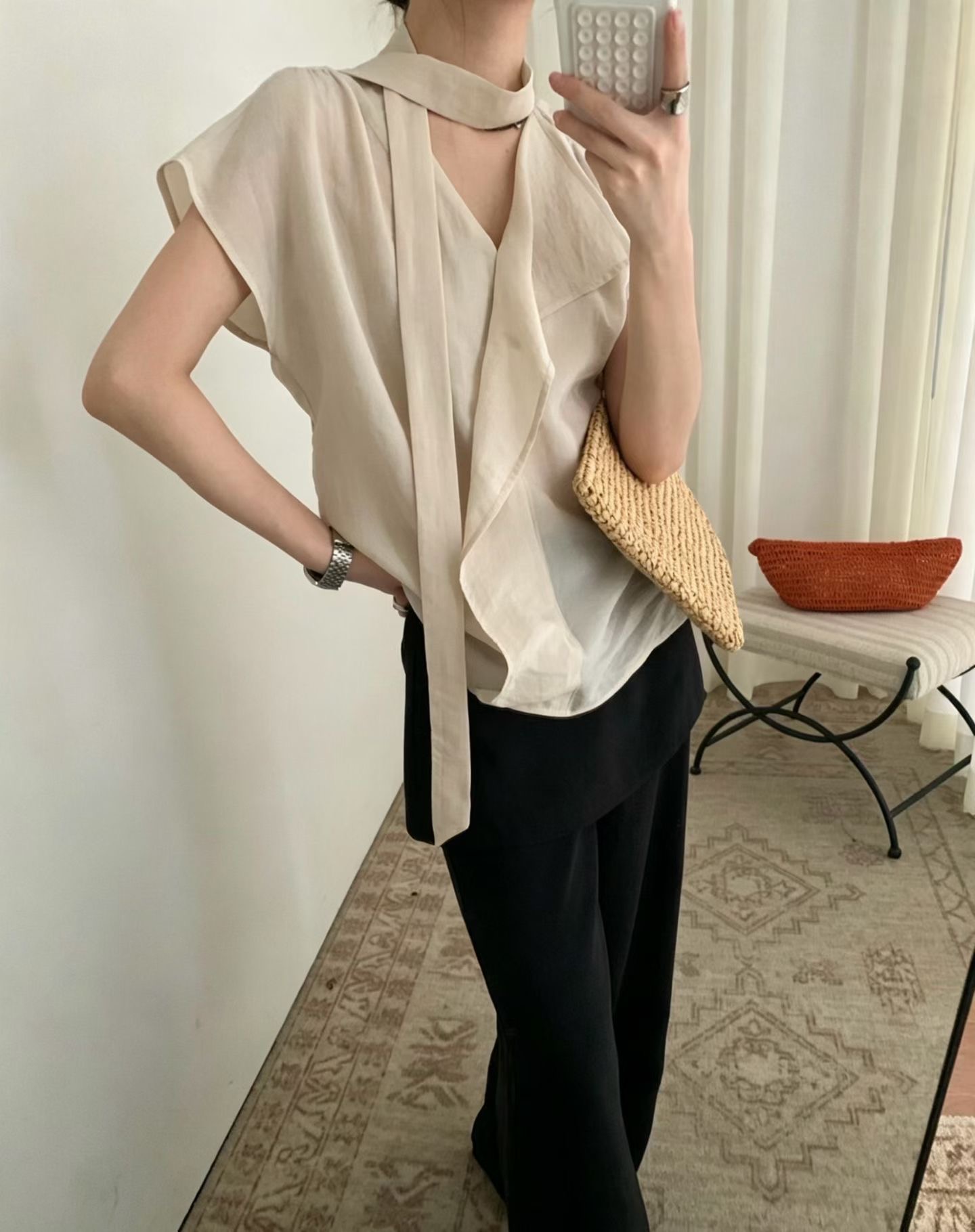 한 부서 chic 여름 새로운 부드러운 센스 V넥 리본 미니멀리즘 출퇴근 불규칙 작은 셔츠 풀오버 맨위