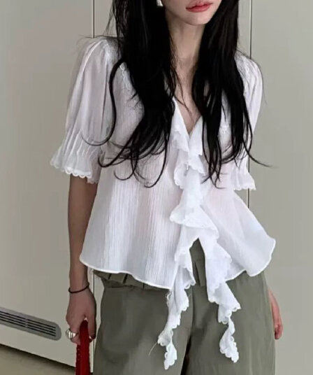 있음 창고 2026 새로운 부드러운 다용도 폴로 칼라 프릴 셔츠