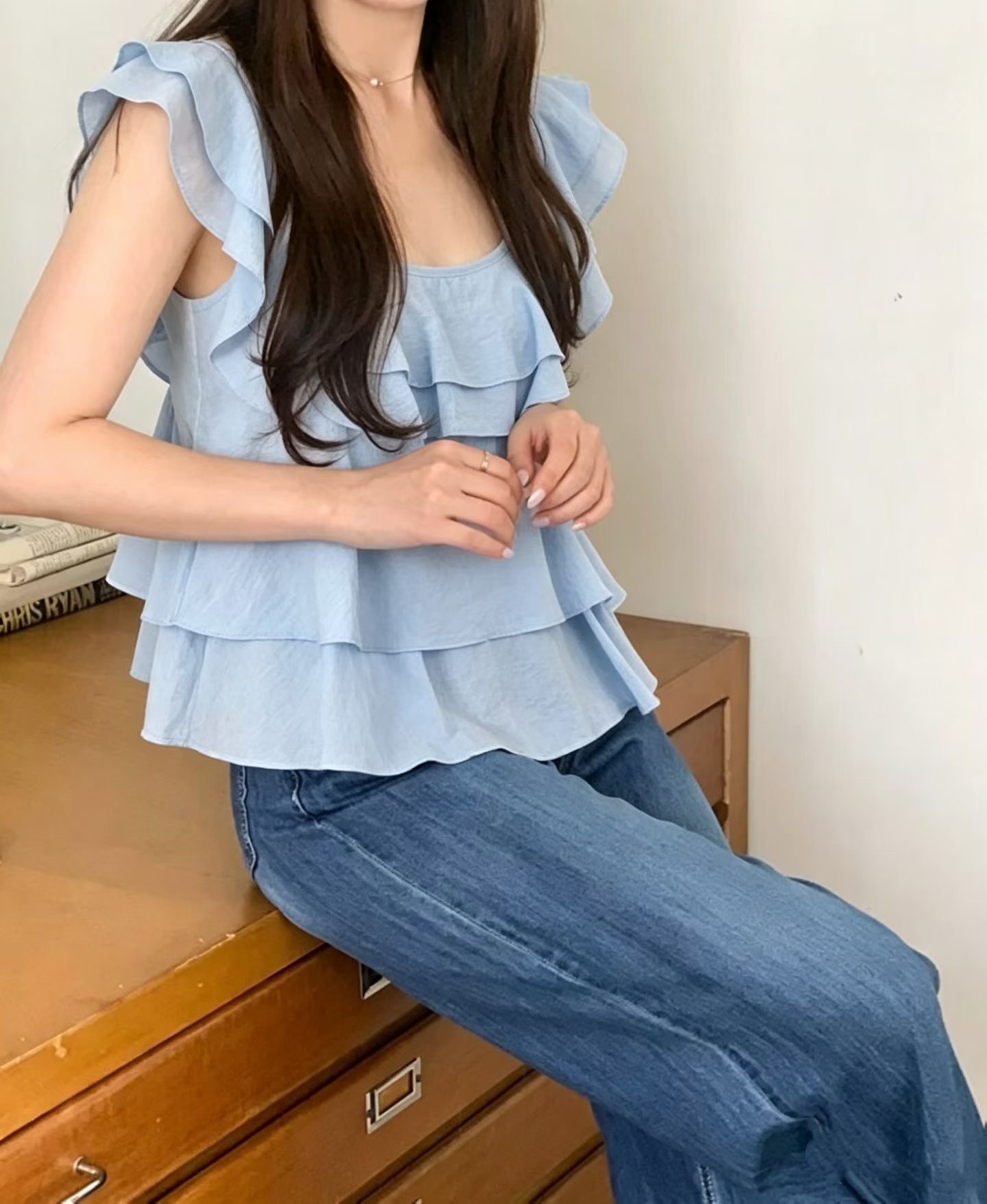 chic 한국 스타일 날다 소매 광장 넥타이 목 수건 프릴 인형 셔츠