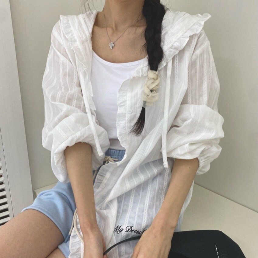 있음 선적 한국 ins 달콤함 연령 감소 자카드 프릴 패치워크 후드 자외선 차단 셔츠