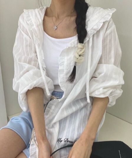 있음 선적 한국 ins 달콤함 연령 감소 자카드 프릴 패치워크 후드 자외선 차단 셔츠
