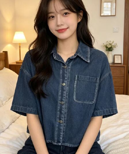 2026 초여름 새로운 캐주얼 레트로 스타일 루즈핏 쇼트 스타일 데님 여성 셔츠