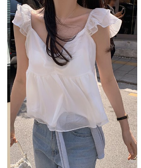 있음 선적 한국 chic 부드러운 품격 V넥 프릴 작은 날다 소매 쉬폰 블라우스
