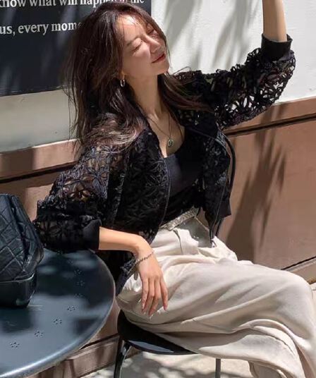 재고 있음 한국 2026 여름 빛 럭셔리 3 차원 자수 패치워크 Tulle 지퍼 재킷