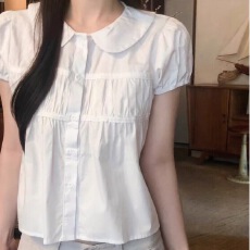 批发韩国chic <b class='q'>甜美</b>减龄娃娃领蕾丝花边皱褶泡泡袖衬衫