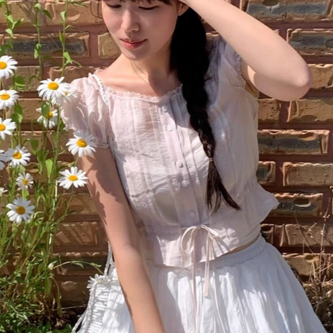 레이스 작은 레이스 부드러운 청 ~을 통해 달콤함 스트랩 짧은 셔츠