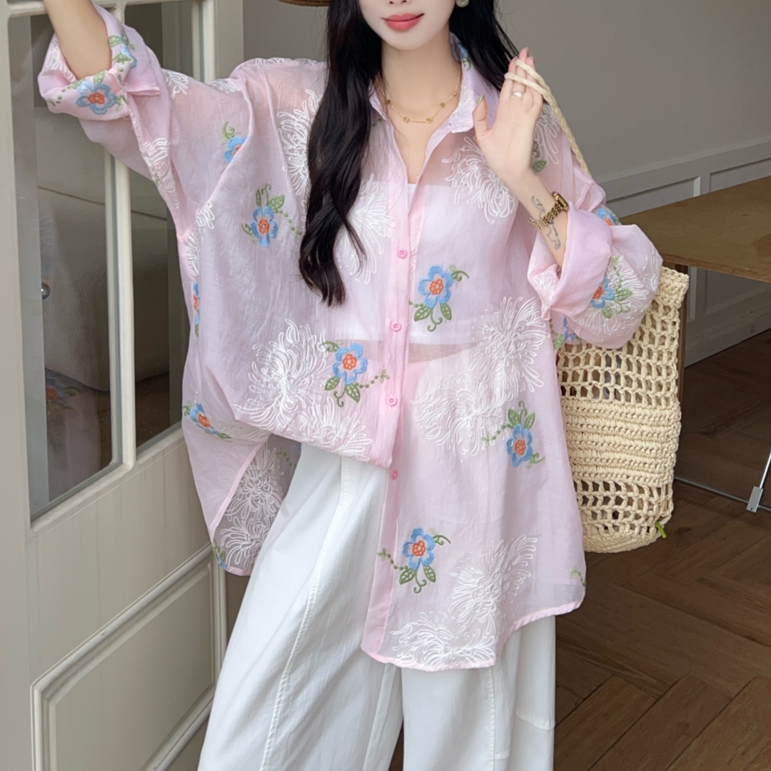 한국 스타일 자수 캐주얼 루즈핏 빅 사이즈 셔츠 다용도 자외선 차단 휴가 셔츠 여성