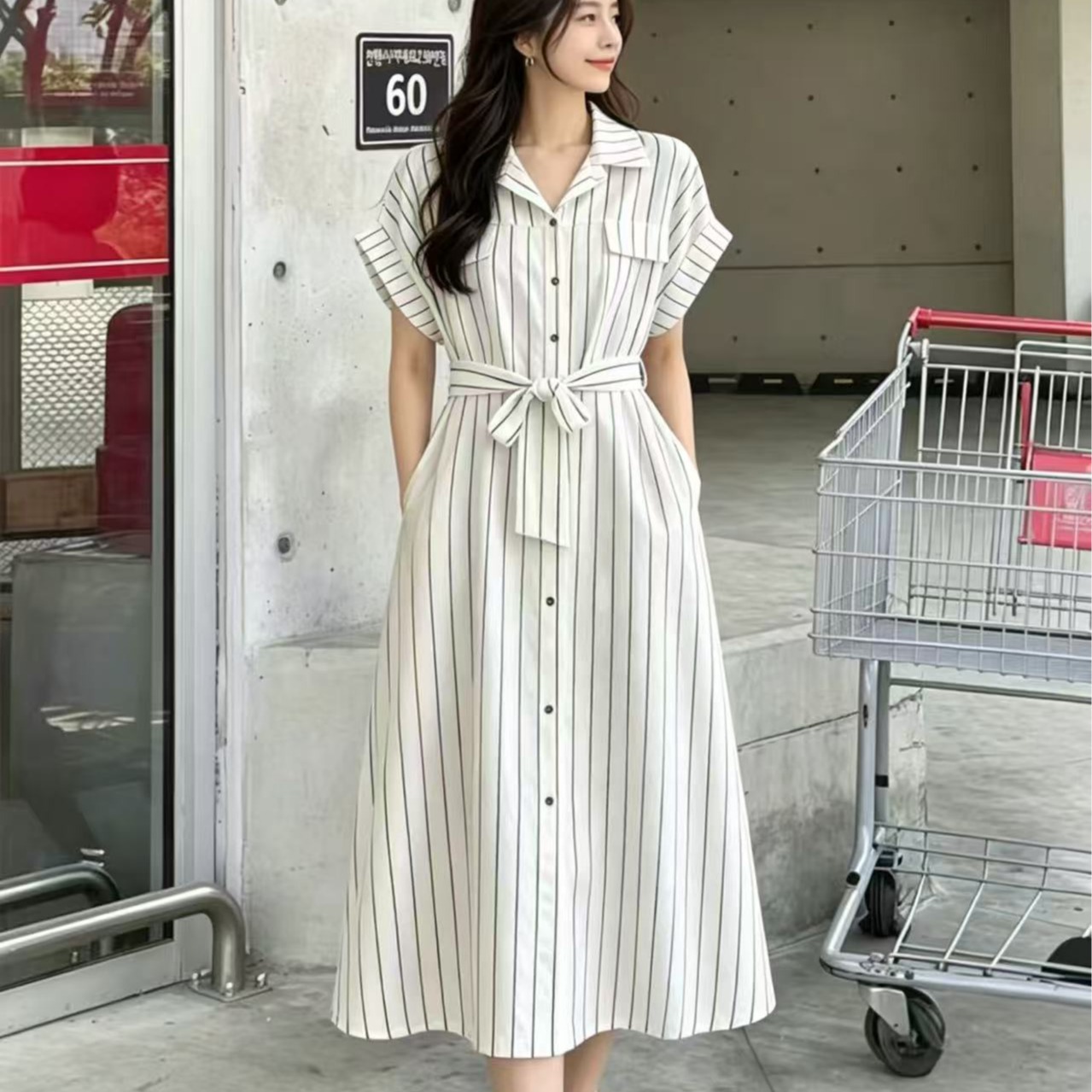 한국 chic 루즈핏 레이스업 셔츠 스타일 스트라이프 드레스