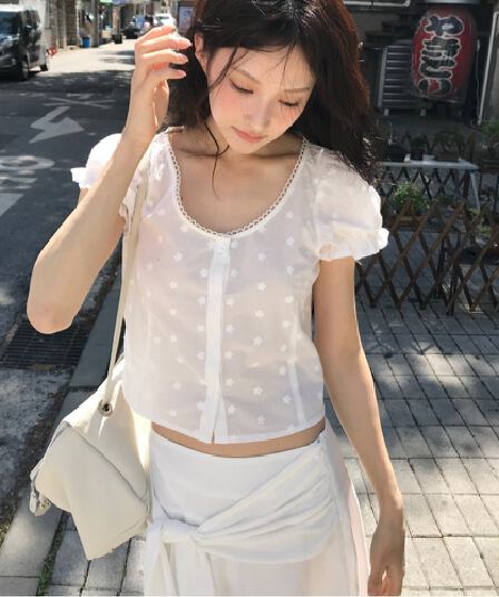 있음 선적 한국 ins 자수 자카드 광장 칼라 달콤함 반팔 셔츠