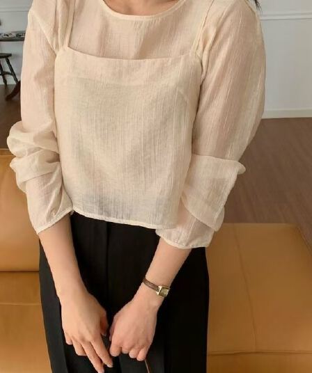 한국 chic 작은 대중 디자인 라운드 넥 셔츠 캐미솔 투피스 세트