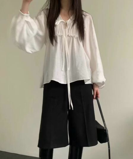 한 부서 루즈핏 달콤함 랜턴 긴팔 프랑스식 레트로 부드러운 바람 V넥 스트랩 셔츠 여성