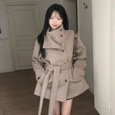 批发<b class='q'>韩国</b>chic立领中长款系带收腰毛呢外套女