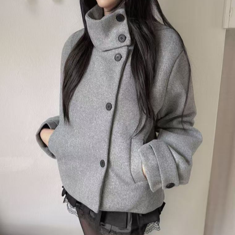 BY35888# 韩国chic立领加棉加厚排扣保暖呢外套  服裝批發女裝批發服飾貨源