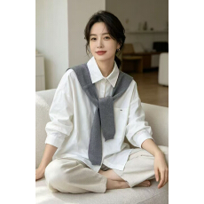 批发简约纯色衬衫衬衫+针织披肩 两件套衫 显瘦气质通勤