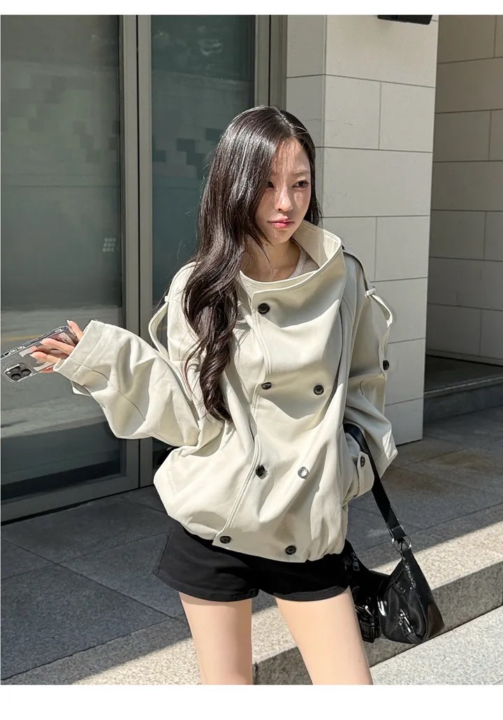 BY37446# 英伦风立领双排扣风衣宽松收腰显瘦外套  服裝批發女裝批發服飾貨源