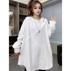 批发大码微胖镂空露肩长袖t恤女<b class='q'>春</b>秋季胖mm打底衫休闲宽松中长款上衣