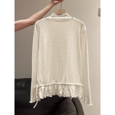 批发大码半高领木耳边波点下摆长袖花边T恤打底衫内搭秋冬宽松上衣女