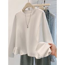 批发大码显瘦独特荷叶边长袖T恤女装秋季2025新款高级遮肚打底衫上衣