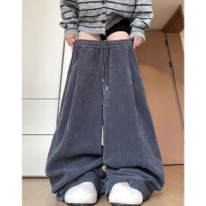 批发灰色运动裤女<b class='q'>秋</b>季新款欧棉绒高腰宽松阔腿裤休闲加绒香蕉卫裤