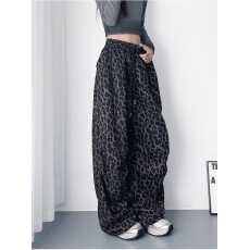 批发大码300斤酷飒拽姐豹纹阔腿裤女<b class='q'>春</b>秋薄款慵懒垂坠感显瘦休闲裤子