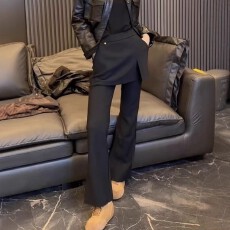 批发曼巴棉2025秋冬新款大码微喇裤黑色高腰假两件裤裙加厚休闲裤