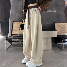 批发美式撞色拼接弯刀加绒卫裤女2025秋冬新款高腰休闲阔腿运动裤子潮