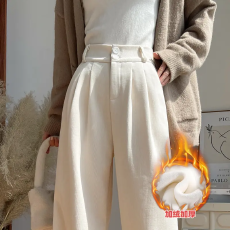 批发杏色西装裤女<b class='q'>春</b>秋季欧棉绒高腰垂感直筒显瘦高级感直筒加绒阔腿裤