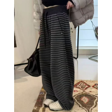 批发抽绳条纹阔腿裤女加绒加厚2025冬季新款欧货宽松休闲弯刀长裤