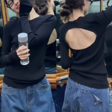 批发大码黑色长袖t恤女装新款爆款秋季独特漂亮露背巨好看的早秋上衣