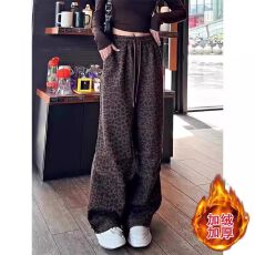 批发大码显瘦欧洲站辣妹豹纹阔腿裤女<b class='q'>秋</b>冬加绒加厚高腰宽松小众长裤