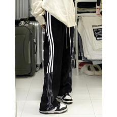 批发三条杠运动裤女春秋冬加绒加厚卫裤拖地阔腿休闲学生高个子加长版