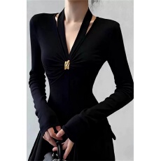 批发大码显瘦时尚V领褶皱长袖T恤早秋新款修身显瘦气质上衣