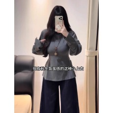 批发大码设计感收腰半高领t恤打底衫女秋冬季胖mm修身内搭灯笼袖上衣