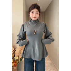 批发大码高级感黑色高领长袖T恤女秋季微胖mm修身显瘦收腰灯笼袖上衣