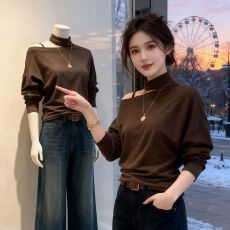 批发大码阳光牛仔“心动百利甜”露肩挂脖时尚洋气百搭长袖磨毛上衣