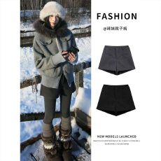 批发灰色高腰毛呢短裤女冬季2025新款显瘦阔腿设计感a字打底外穿靴裤