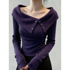 批发巨好看的早秋穿搭独特漂亮修身气质设计感一字肩紫色针织长袖上衣