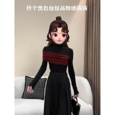 批发显瘦大码洋气不规则打底衫女秋季半高领套头撞色拼接胖MM内搭上衣