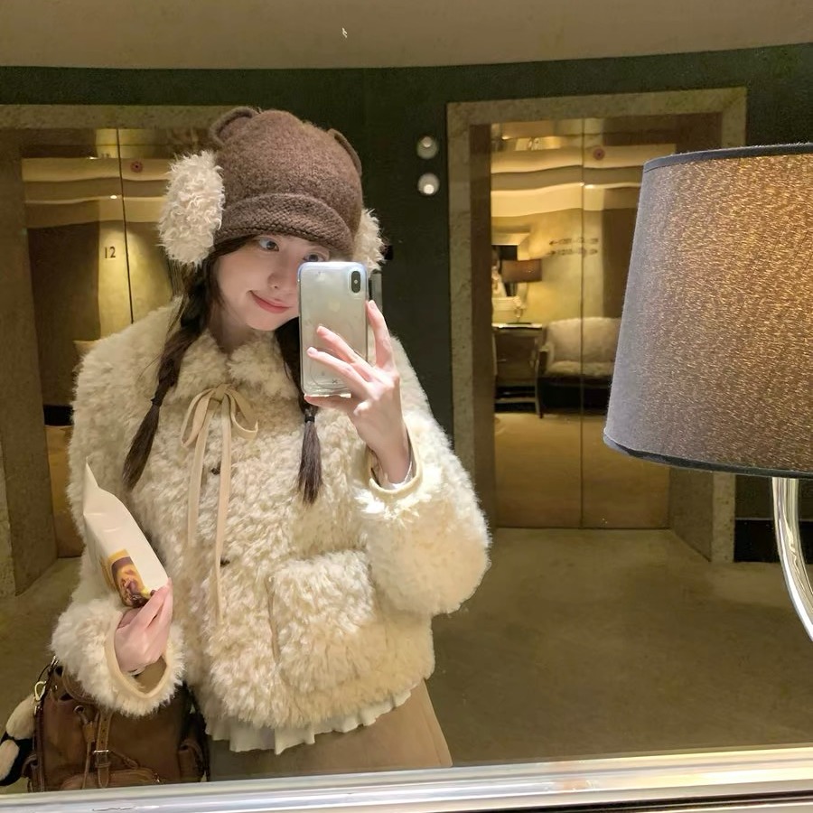 ptonumi 스노우 탑 모카 피모 하나 스트랩 짧은 여성 코트 가을 겨울 자이언트 잘 생긴 양털 플리스 면 옷