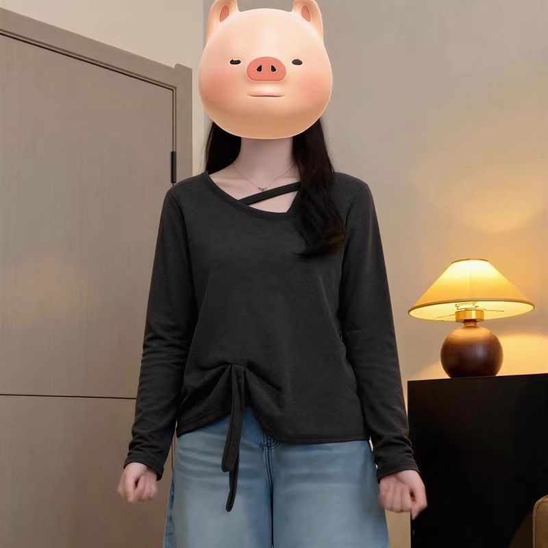 빅 사이즈 여성 의류 긍정적 인 어깨 디자인 센스 불규칙 긴팔 티셔츠 여성 가을 겨울 통통한 여동생 루즈핏 슬림해 보이는 인사이드 잡아라. 의류