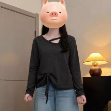 批发大码女装正肩设计感不规则长袖T恤女秋<b class='q'>冬</b>胖妹妹宽松显瘦内搭上衣