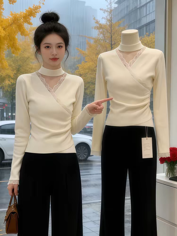 2026 조기 봄 새로운 행침 목 칼라 긴팔 레이스 조각 십자가 네클라인 기본 셔츠 몸매 가꾸기 슬림해 보이는 여성 셔츠